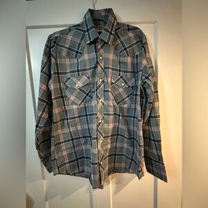 Youngbloods Authentic Western Plaid L/S Pearl Snap Shirt Sz L Blue Lightweight